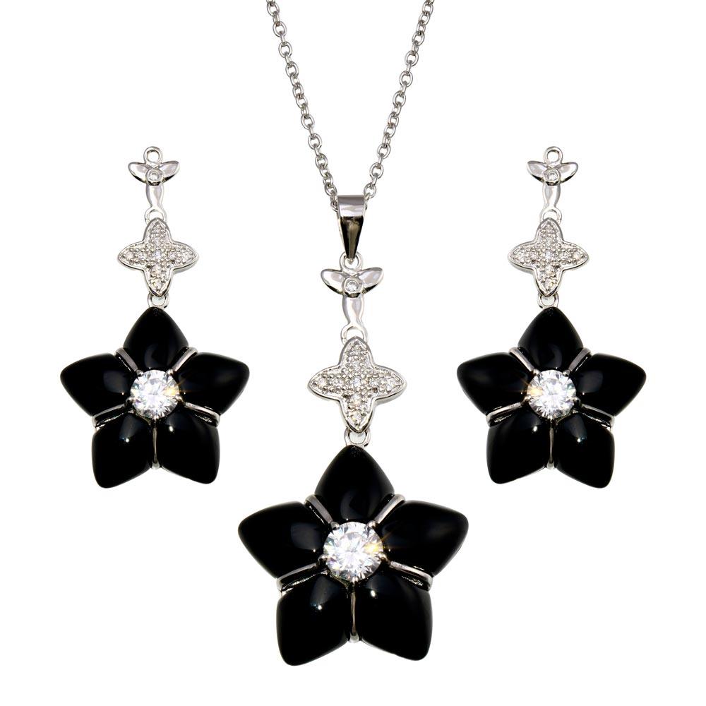 Closeout-Silver 925 Rhodium Plated Black Onyx Clear CZ Dangling Stud Earring and Dangling Necklace Set - BGS00149