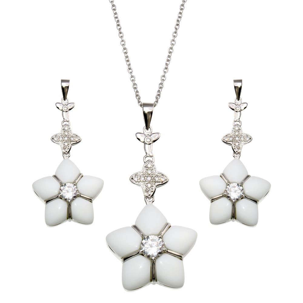 Closeout-Silver 925 Rhodium Plated White Onyx Clear Flower CZ Dangling Stud Earring and Necklace Set - BGS00150