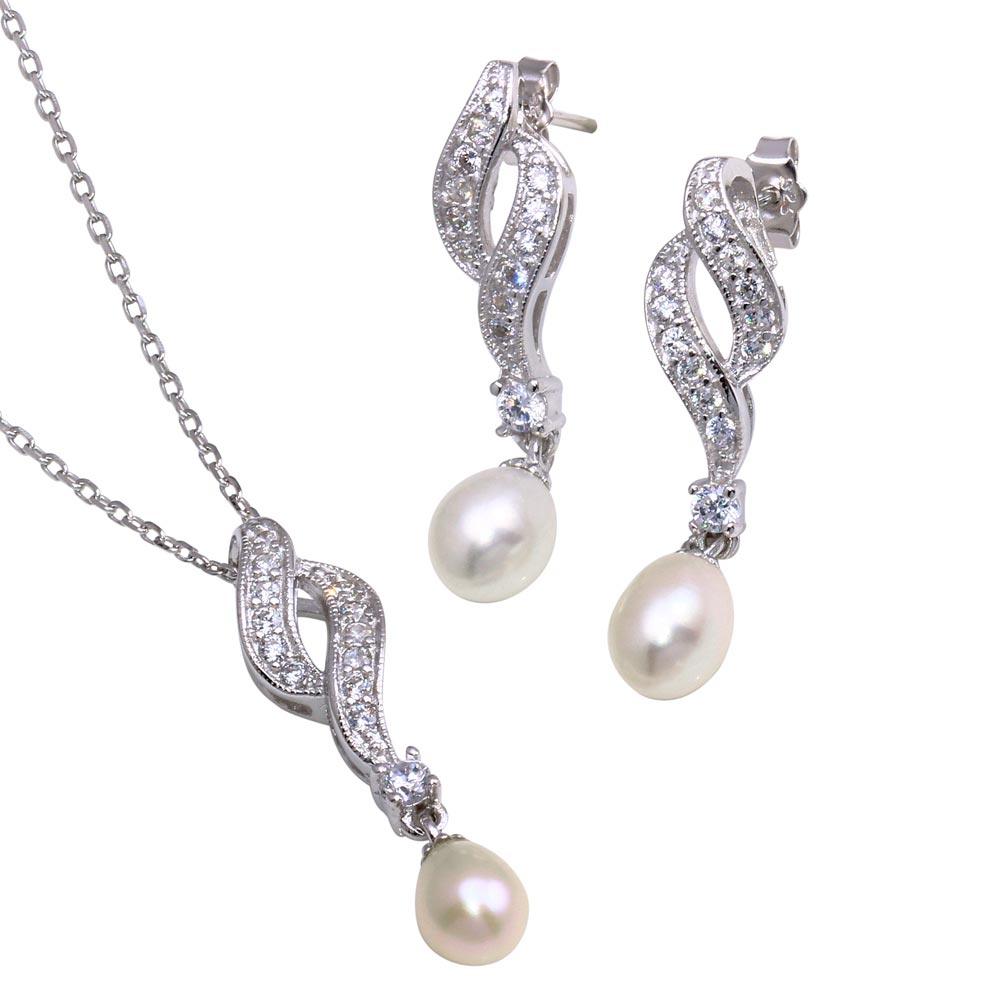 Silver 925 Rhodium Plated Fresh Water Pearl Twist Clear CZ Hanging Set - BGS00151