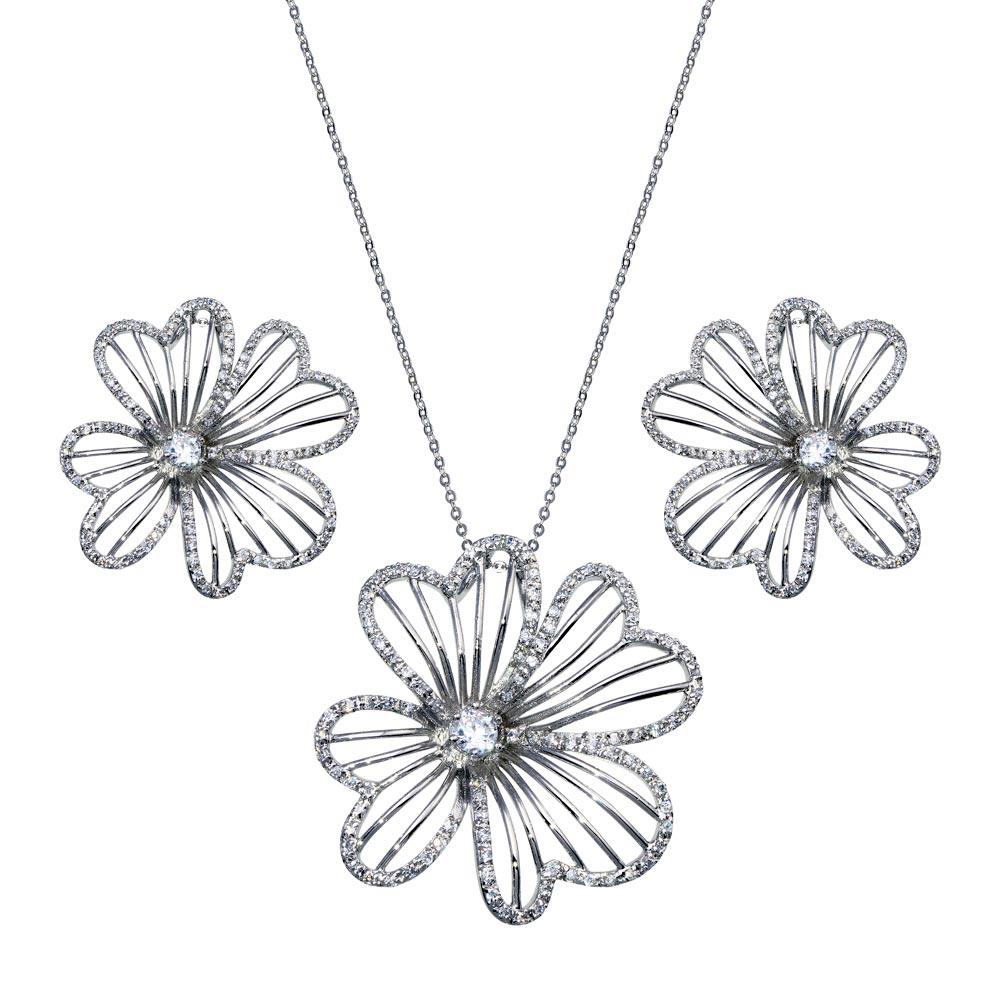 Closeout-Silver 925 Rhodium and Black Rhodium Plated Flower Clear CZ Stud Earring and Necklace Set - BGS00153