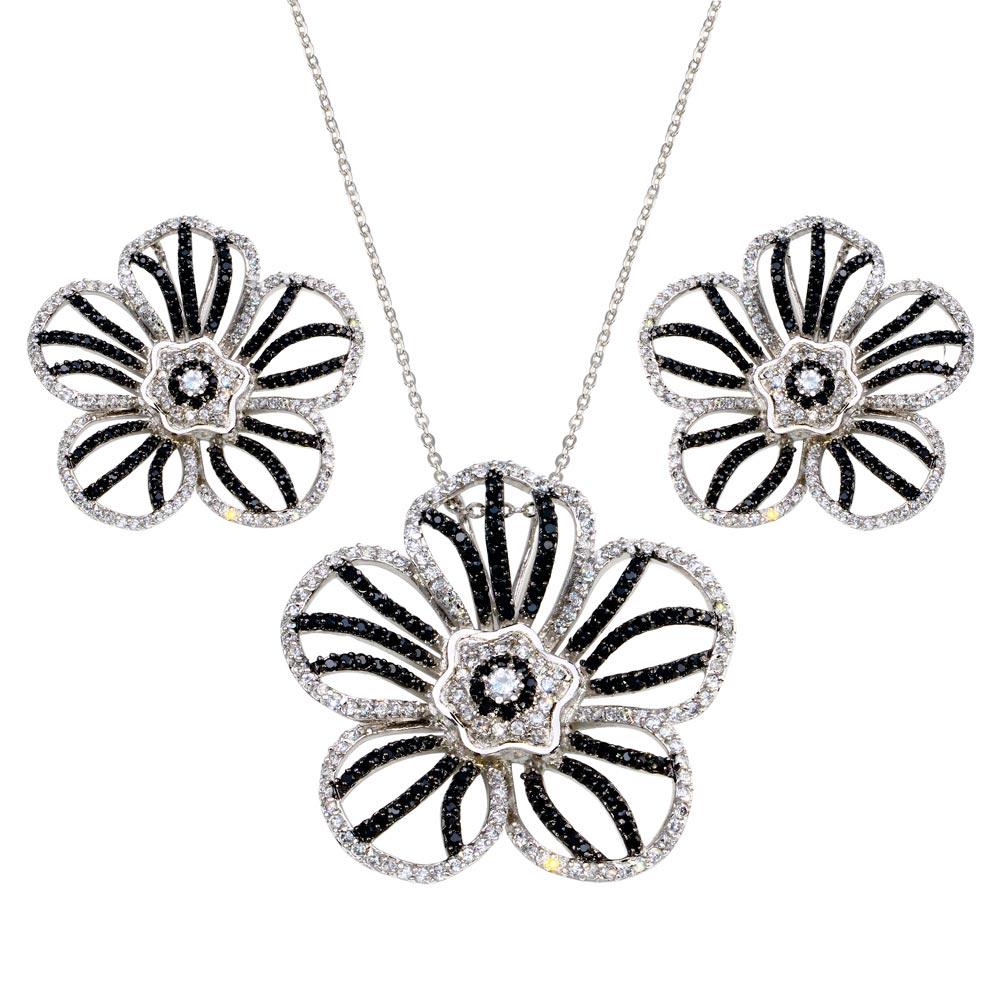 Closeout-Silver 925 Rhodium and Black Rhodium Plated Clear and Black Flower CZ Stud Earring and Necklace Set - BGS00154