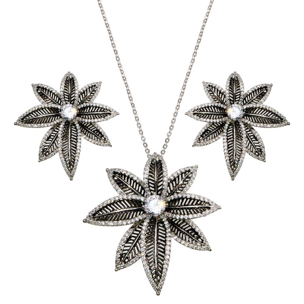 Closeout-Silver 925 Rhodium and Black Rhodium Plated Spiny Pointed Flower Clear CZ Stud Earring and Necklace Set - BGS00156