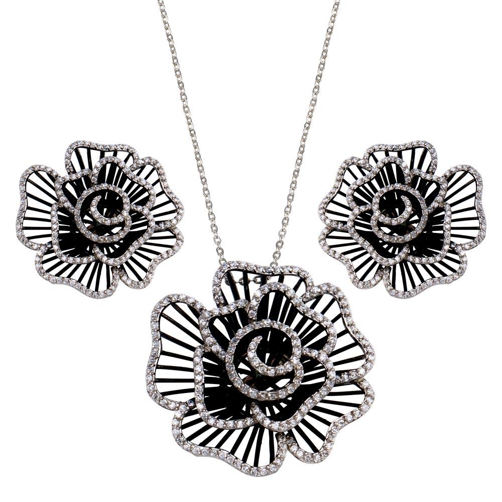 Closeout-Silver 925 Rhodium and Black Rhodium Plated Clear Flower Rose CZ Stud Earring and Necklace Set - BGS00157