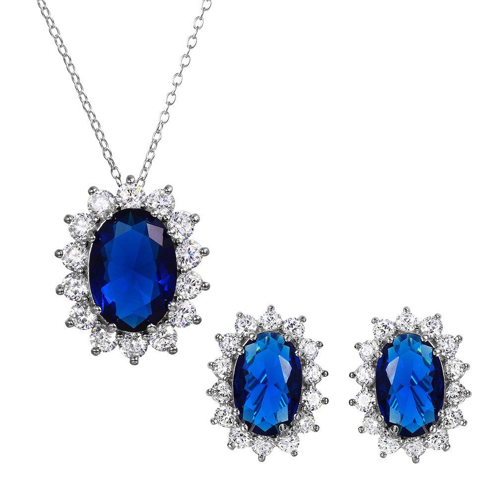 Silver 925 Rhodium Plated Oval Halo Set with Blue and Clear CZ Stones - BGS00174