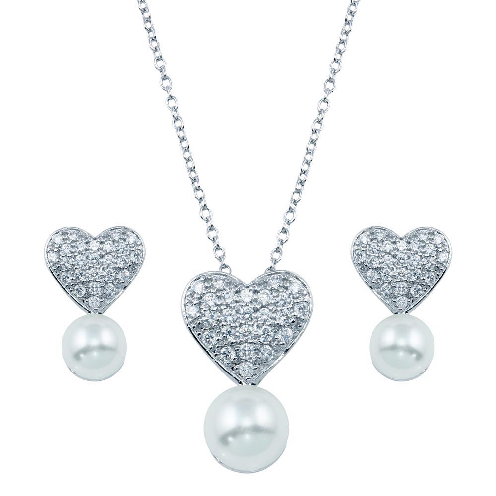 Rhodium Plated 925 Sterling Silver Pearl Clear Heart CZ Hanging Set - BGS00217