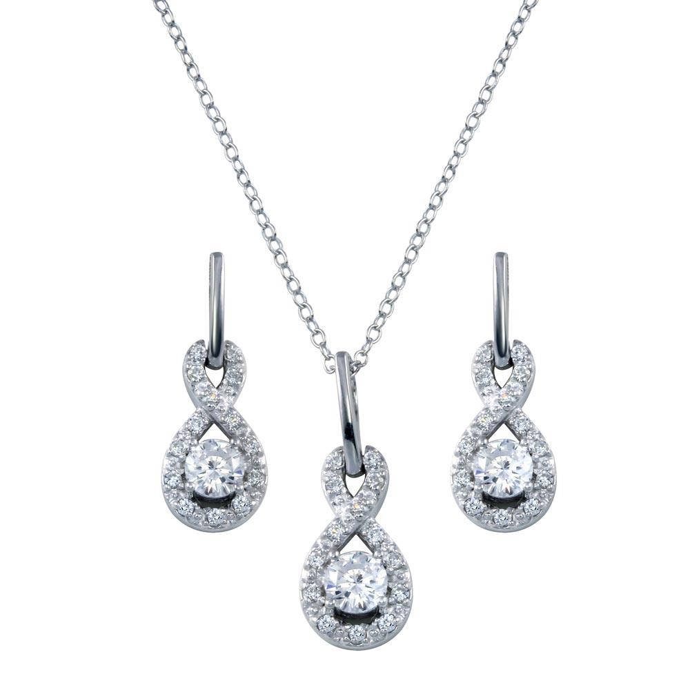 Rhodium Plated 925 Sterling Silver Figure 8 Teardrop Clear CZ Dangling Stud Set - BGS00227