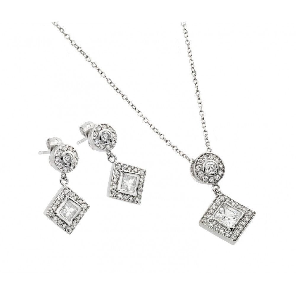 Silver 925 Rhodium Plated Clear Diamond Shape Square CZ Dangling Stud Earring and Dangling Necklace Set - BGS00239