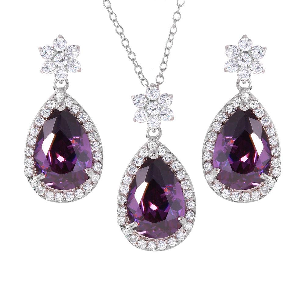 Silver 925 Rhodium Plated Purple Pear Set - BGS00247