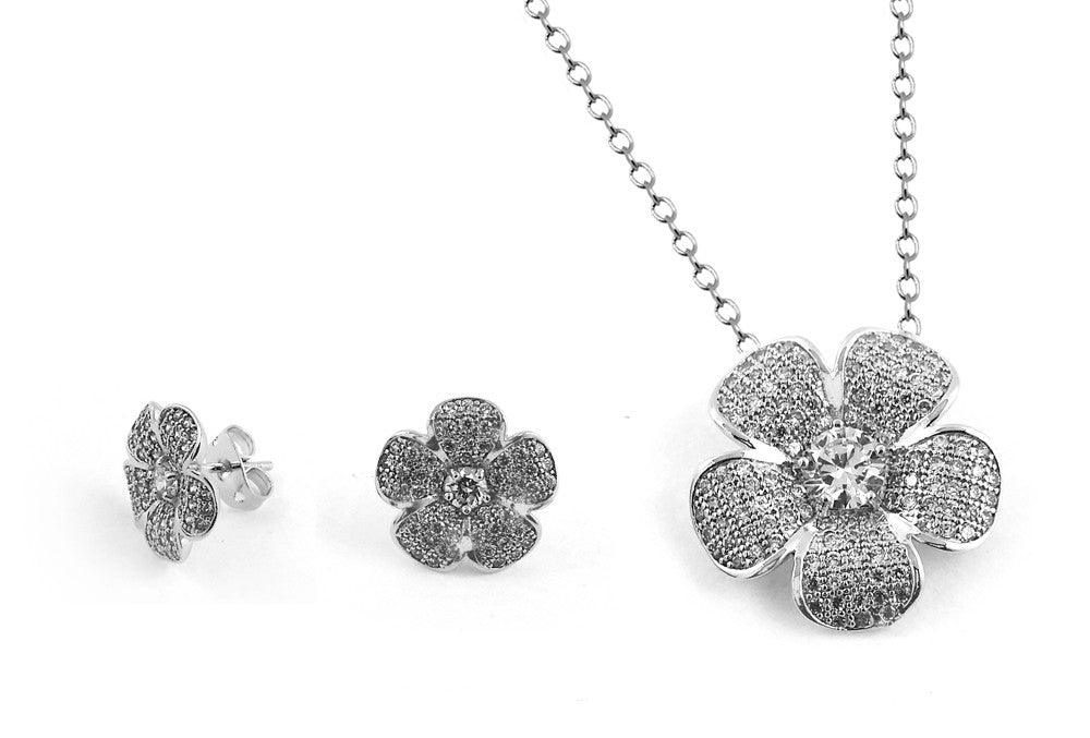 Silver 925 Rhodium Plated Clear Pave Set Flower CZ Stud Earring and Necklace Set - BGS00253