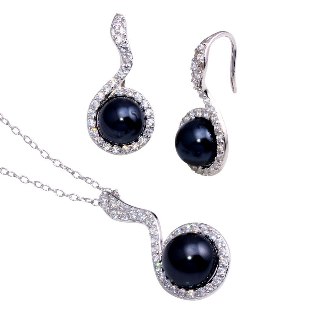 Silver 925 Rhodium Plated Black Pearl Clear CZ Hanging Stud Earring and Necklace Set - BGS00272