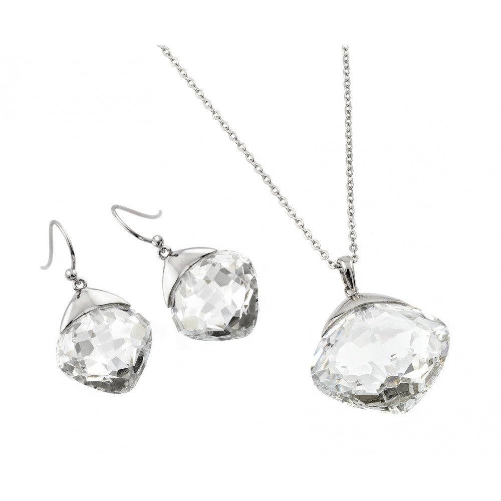 Silver 925 Rhodium Plated Clear Diamond Shaped CZ Hook Earring and Necklace Set - BGS00284