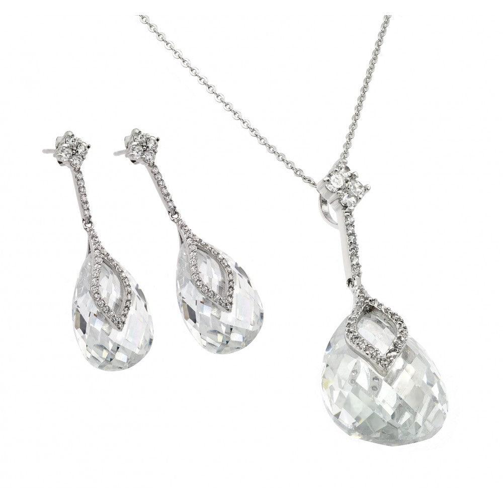 Silver 925 Rhodium Plated Clear Drop CZ Hanging Stud Earring and Hanging Necklace Set - BGS00288