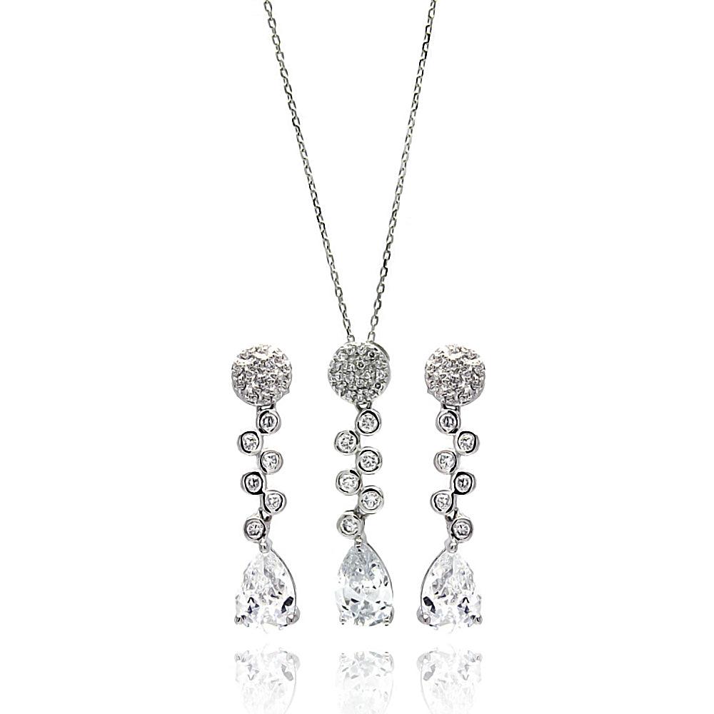 Silver 925 Rhodium Plated Clear Round and Teardrop CZ Drop Stud Earring and Necklace Set - BGS00293