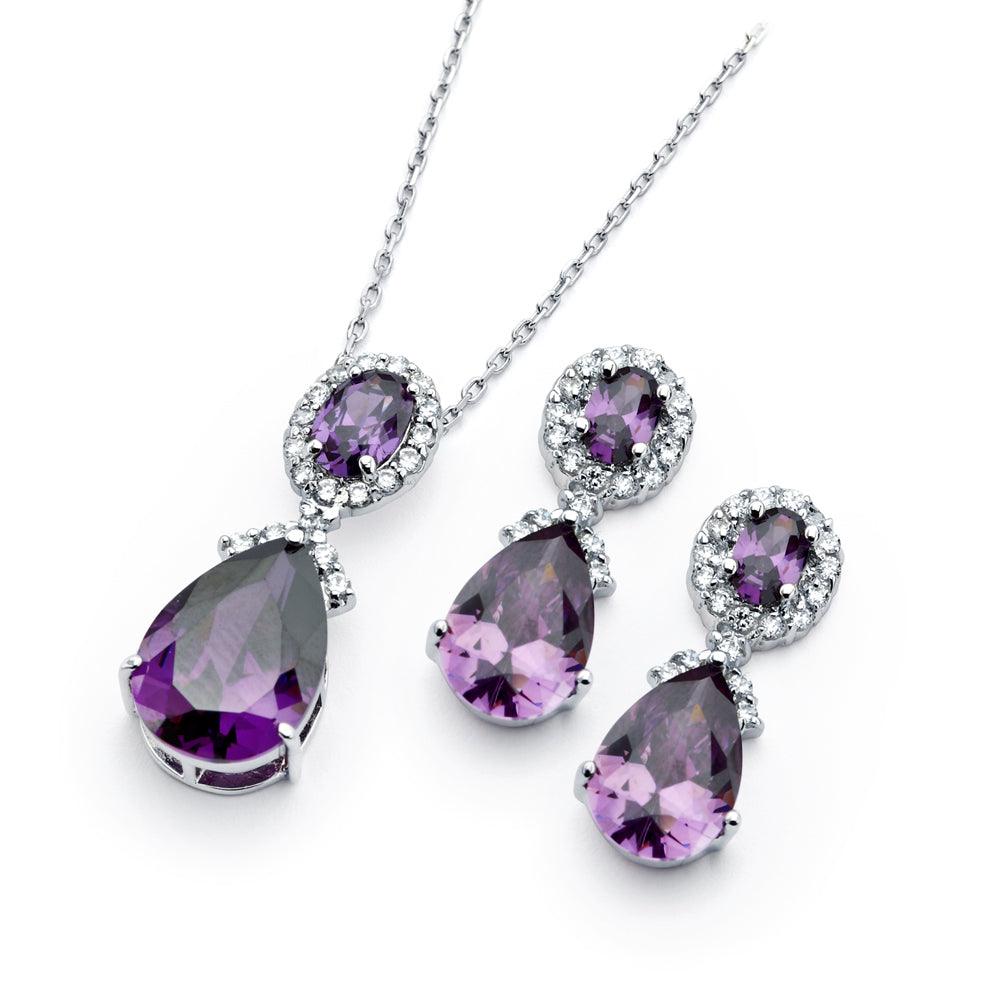 Silver 925 Rhodium Plated Purple and Clear Teardrop Oval CZ Dangling Stud Earring and Dangling Necklace Set - BGS00300