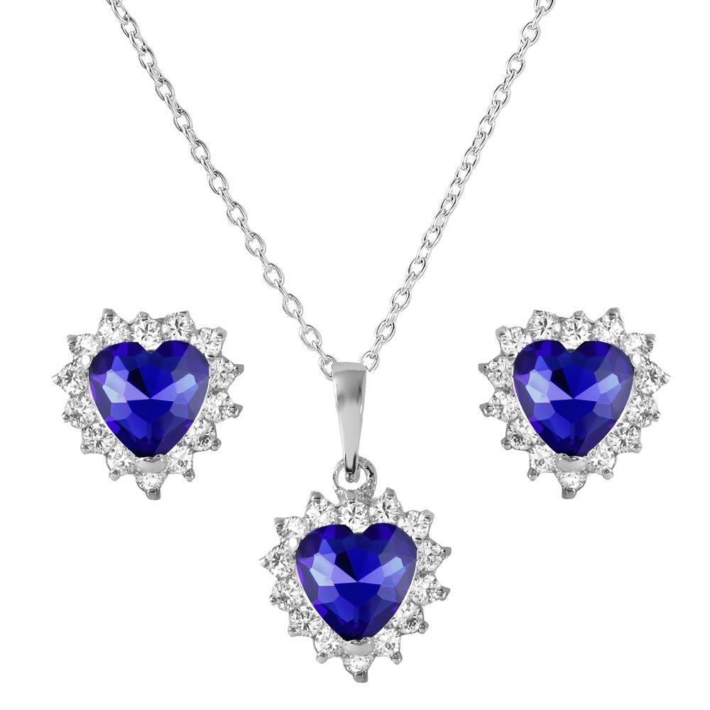 Silver 925 Rhodium Plated Round and Heart Shaped Clear and Blue CZ Dangling Stud Earrings and Necklace Set - BGS00323