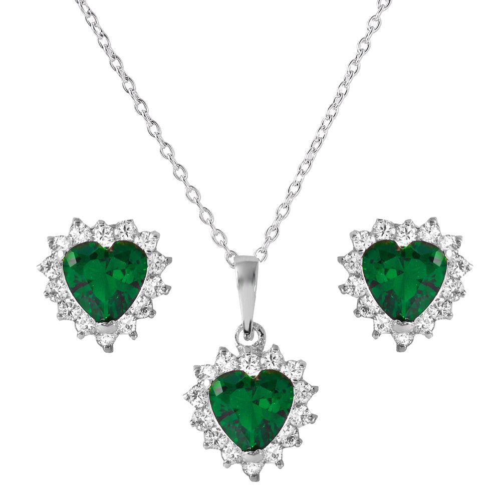 Silver 925 Rhodium Plated Green Heart Cluster Set - BGS00325