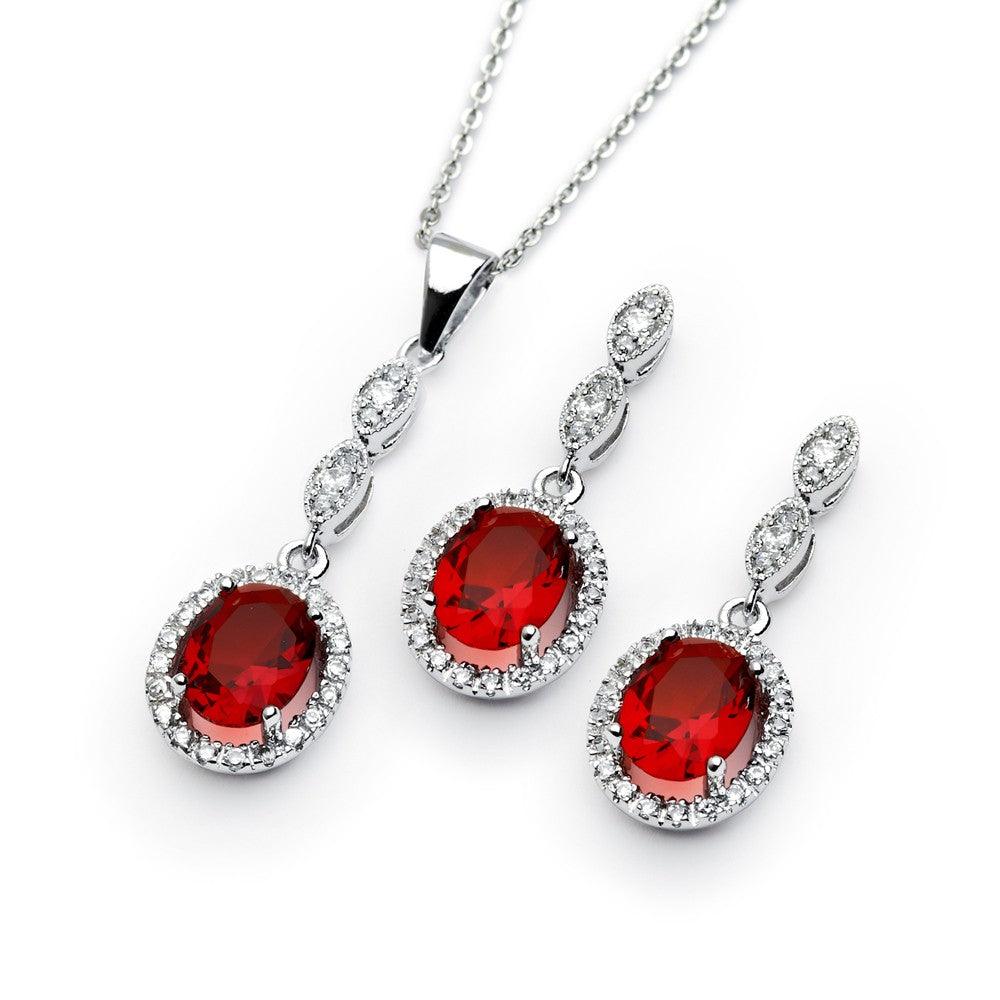 Silver 925 Rhodium Plated Ruby and Clear Oval CZ Dangling Stud Earring and Dangling Necklace Set - BGS00330