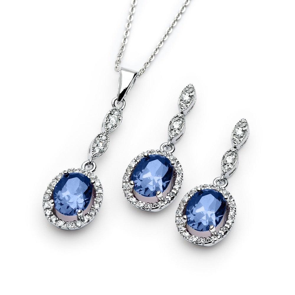 Silver 925 Rhodium Plated Blue and Clear Oval CZ Dangling Stud Earring and Dangling Necklace Set - BGS00331