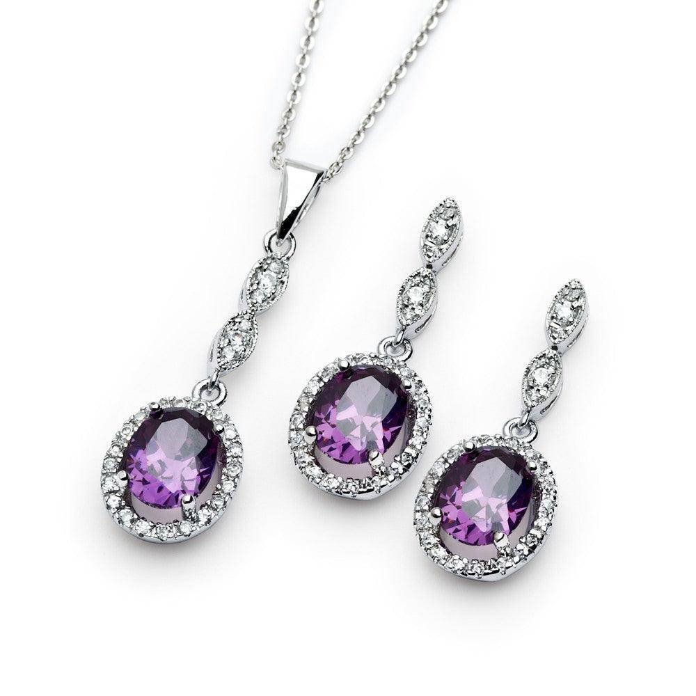 Silver 925 Rhodium Plated Purple and Clear Oval CZ Dangling Stud Earring and Dangling Necklace Set - BGS00332