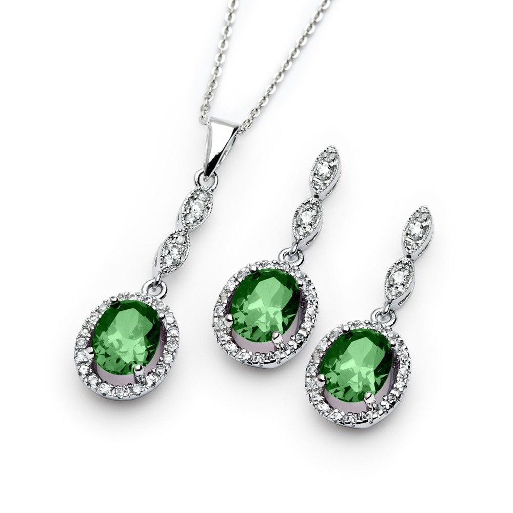 Silver 925 Rhodium Plated Green and Clear CZ Dangling Stud Earring and Dangling Necklace Set - BGS00333