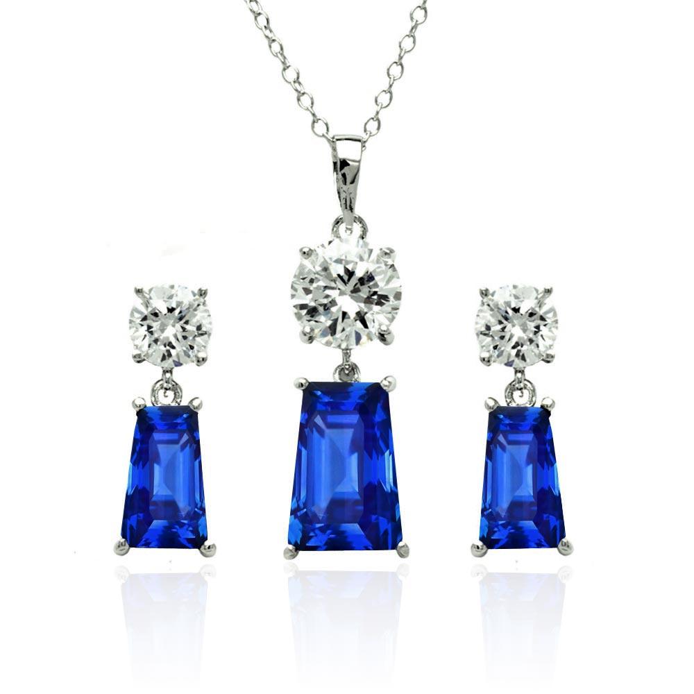 Silver 925 Rhodium Plated Clear Round Blue Rectangular CZ Dangling Stud Earring and Dangling Necklace Set - BGS00346