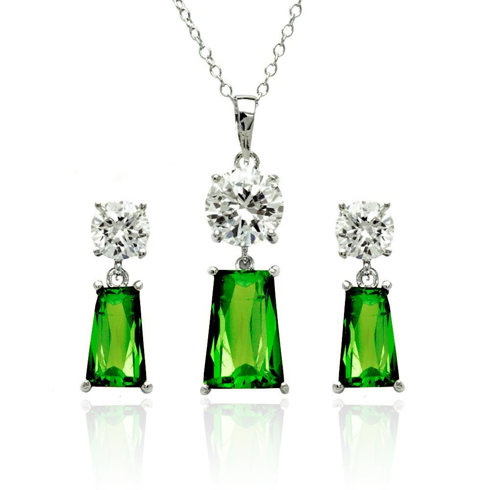 Silver 925 Rhodium Plated Clear Round Green Rectangular CZ Dangling Stud Earring and Dangling Necklace Set - BGS00360