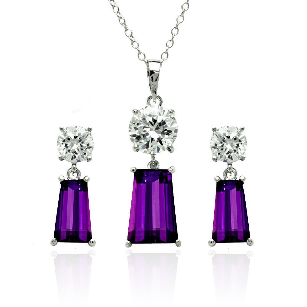 Silver 925 Rhodium Plated Clear Round Purple Rectangular CZ Dangling Stud Earring and Dangling Necklace Set - BGS00361