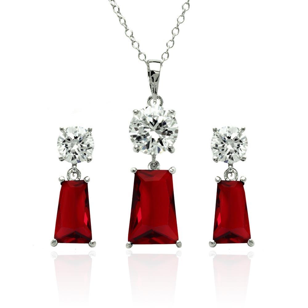 Silver 925 Rhodium Plated Clear Round Red Rectangular CZ Dangling Stud Earring and Dangling Necklace Set - BGS00362