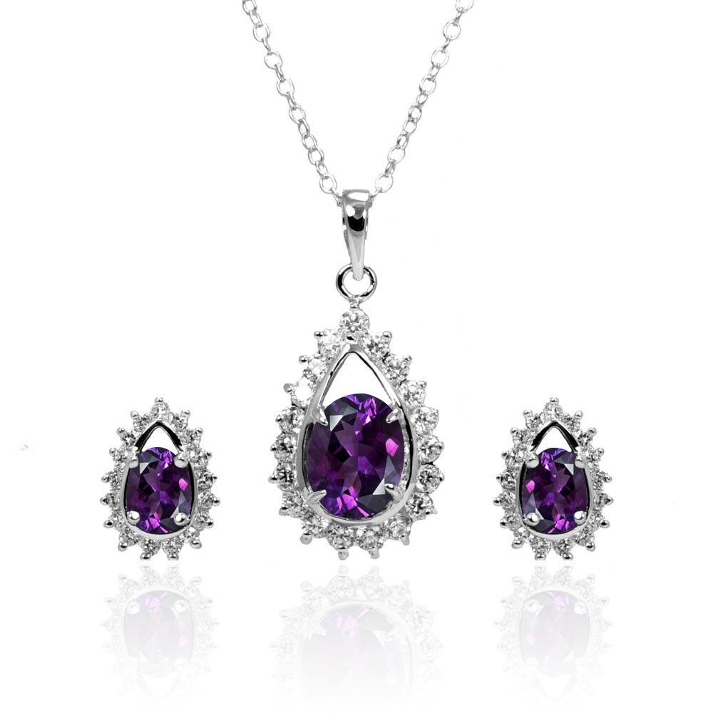 Silver 925 Rhodium Plated Clear and Purple Teardrop Cluster CZ Stud Earring and Necklace Set - BGS00364