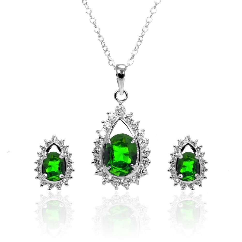 Silver 925 Rhodium Plated Clear and Green Teardrop Cluster CZ Stud Earring and Necklace Set - BGS00366