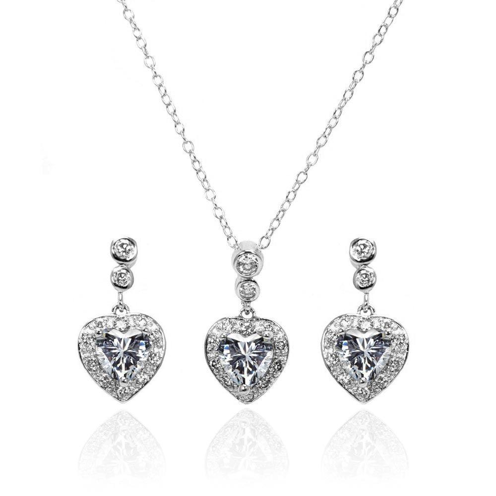 Silver 925 Rhodium Plated Clear Round and Heart Shaped CZ Dangling Stud Earring and Necklace Set - BGS00368