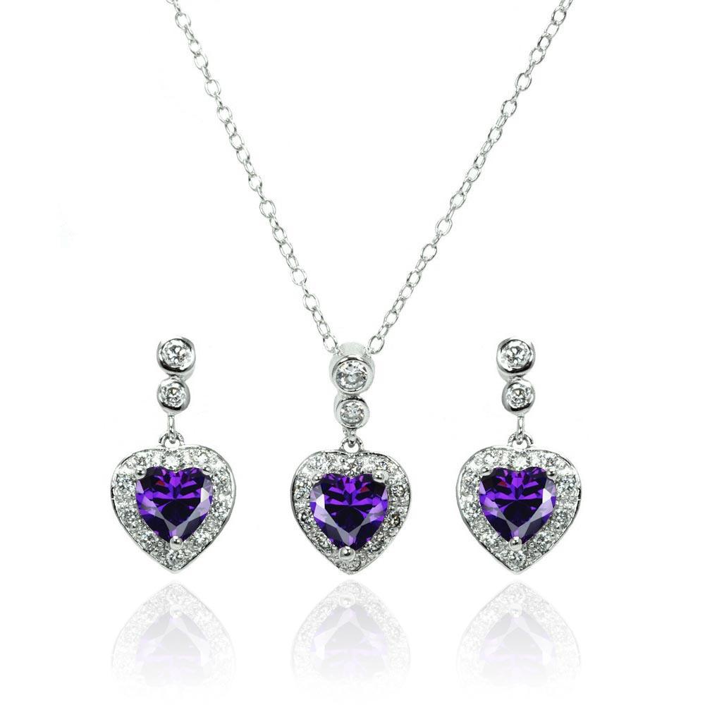 Silver 925 Rhodium Plated Clear and Purple Heart CZ Dangling Stud Earring and Necklace Set - BGS00369