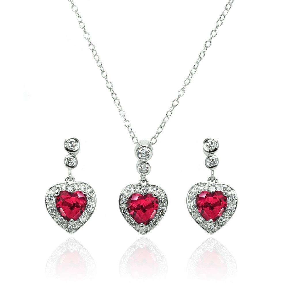 Silver 925 Rhodium Plated Clear and Red Heart CZ Dangling Stud Earring and Necklace Set - BGS00372