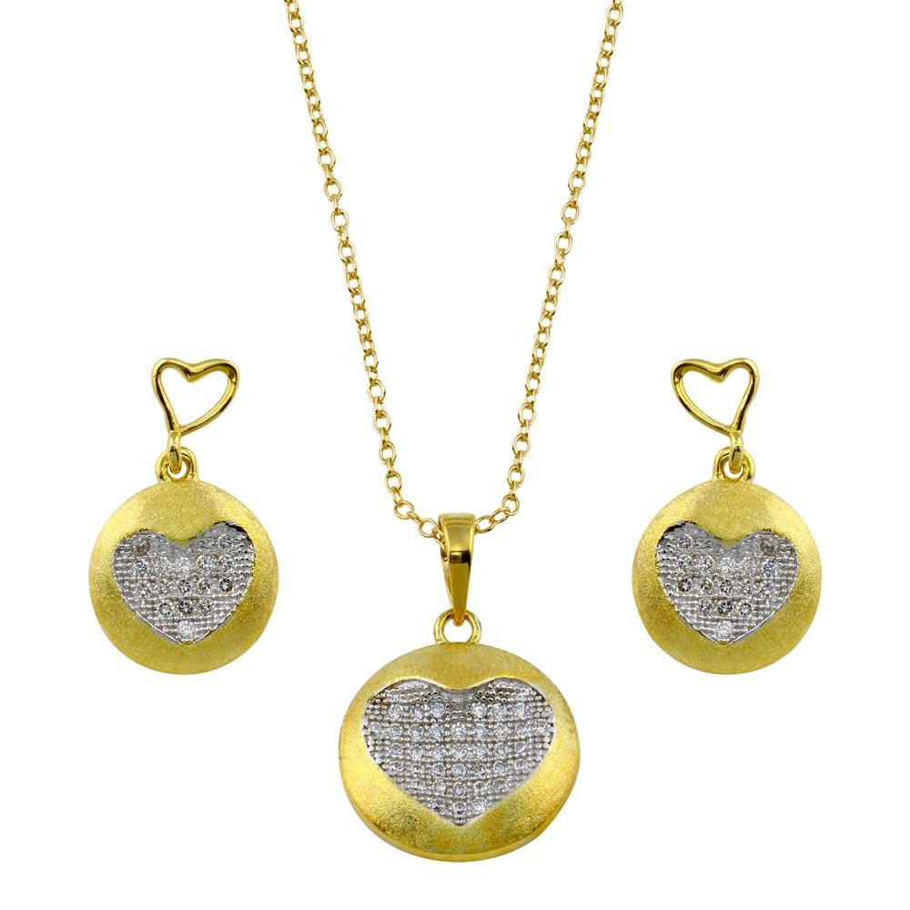 Gold Plated 925 Sterling Silver Clear Heart Circle Disc CZ Set - BGS00374