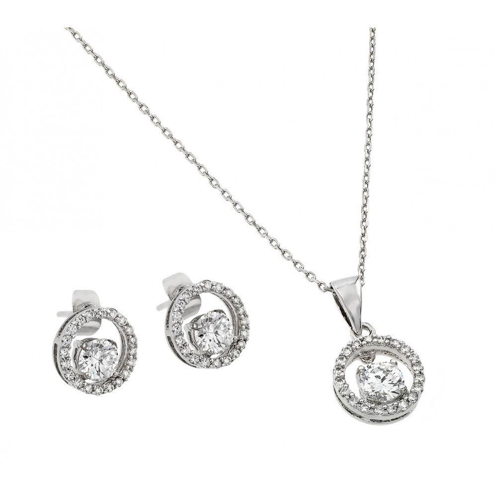 Silver 925 Rhodium Plated Clear Round Open Circle CZ Stud Earring and Dangling Necklace Set - BGS00377