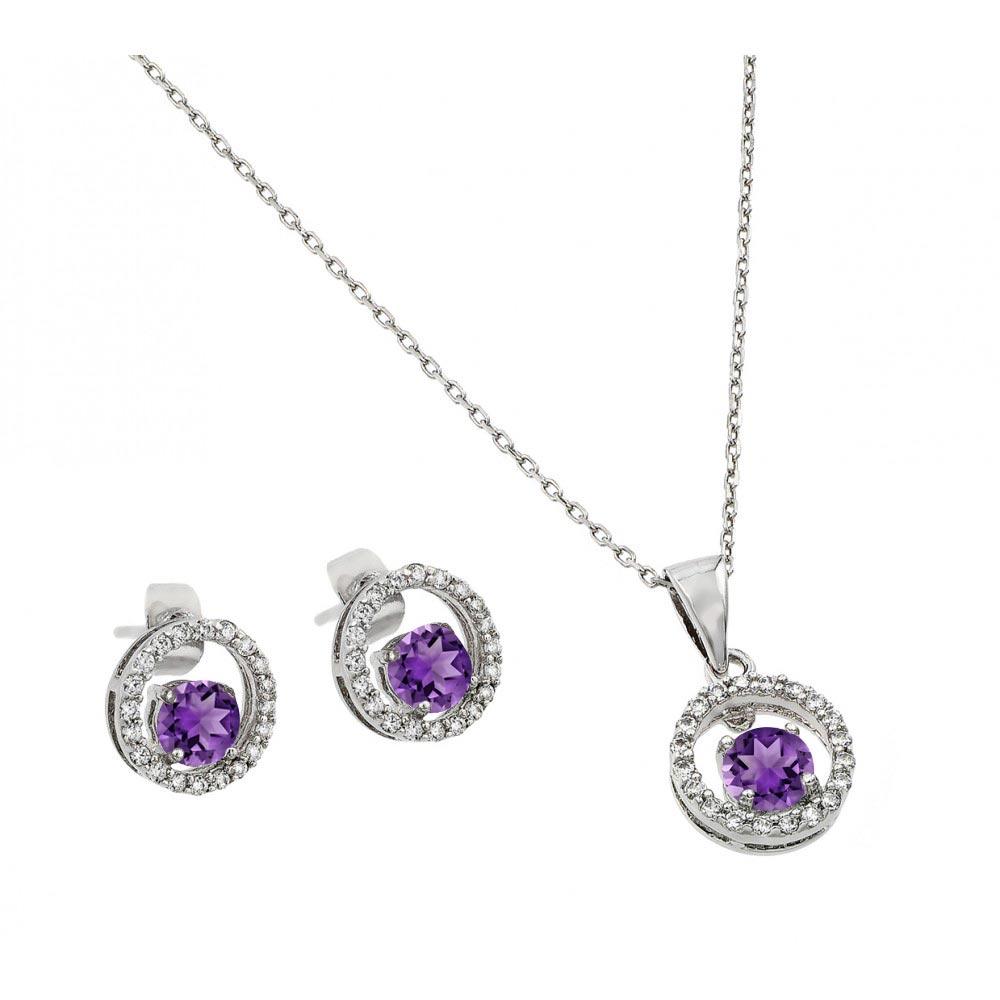 Silver 925 Rhodium Plated Clear and Purple Round Open Circle CZ Stud Earring and Dangling Necklace Set - BGS00378