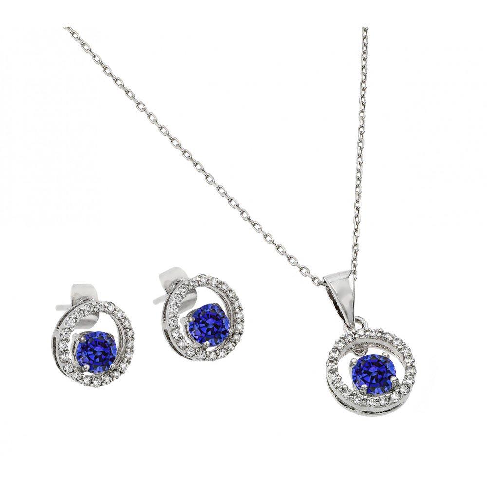 Silver 925 Rhodium Plated Round Clear and Blue CZ Open Circle Stud Earring and Necklace Set - BGS00379