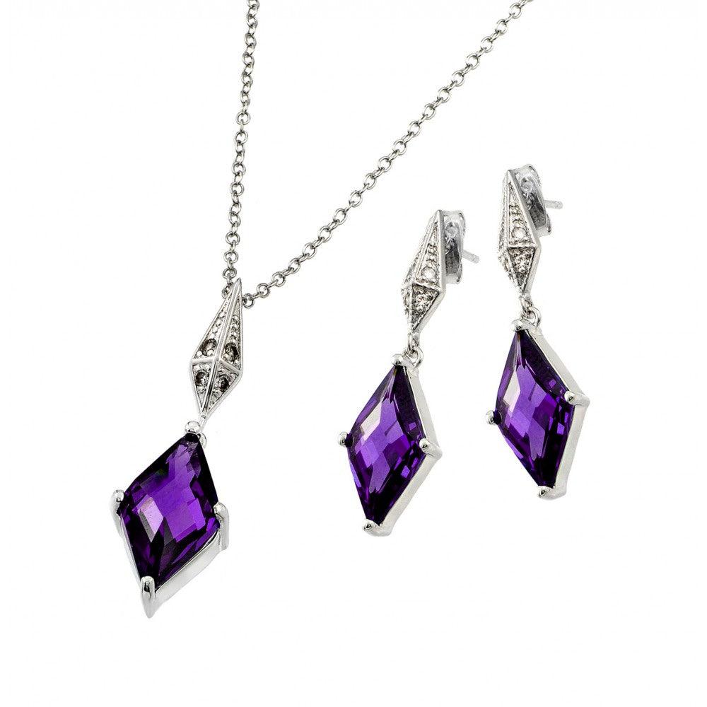 Silver 925 Rhodium Plated Clear Inlay Purple Diamond Shaped CZ Dangling Stud Earring and Dangling Necklace Set - BGS00401A