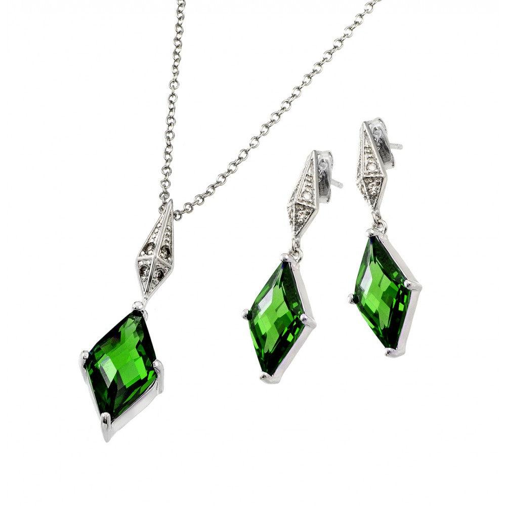 Silver 925 Rhodium Plated Clear Inlay Green Diamond Shaped CZ Dangling Stud Earring and Dangling Necklace Set - BGS00401G