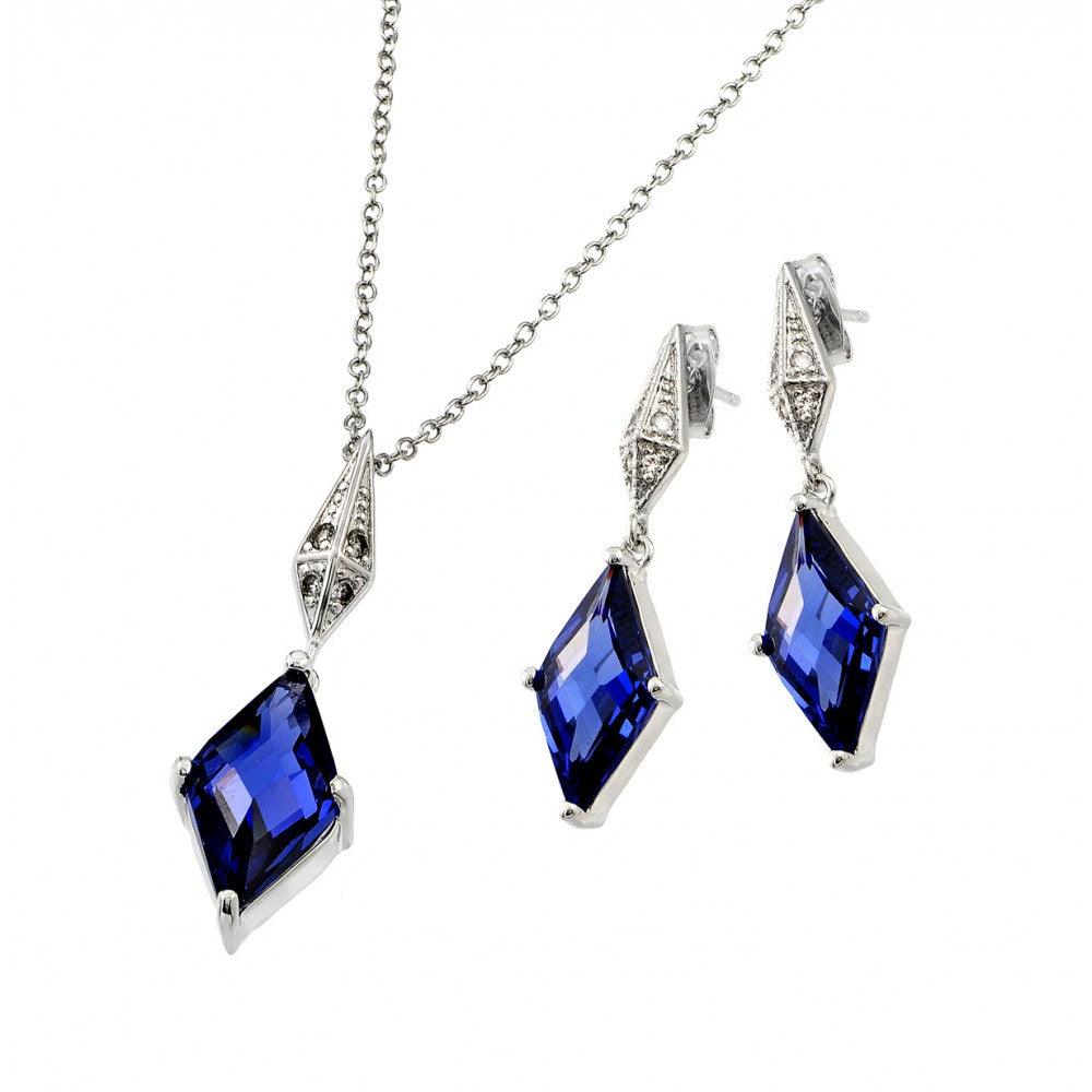 Silver 925 Rhodium Plated Clear Inlay Blue Diamond Shaped CZ Dangling Stud Earring and Dangling Necklace Set - BGS00401TAN