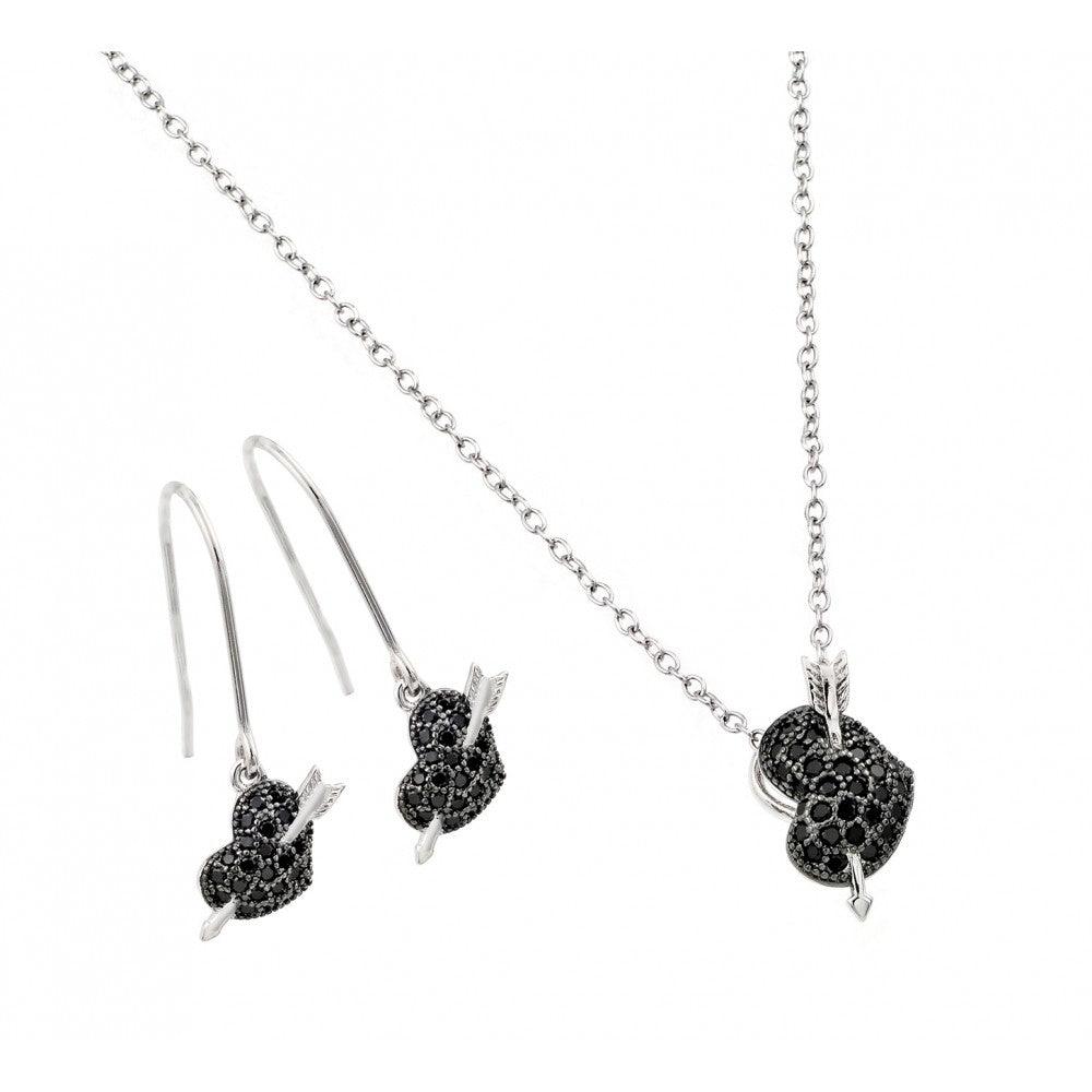 Silver 925 Rhodium and Black Rhodium Plated Black Heart Arrow CZ Hook Earring and Necklace Set - BGS00403