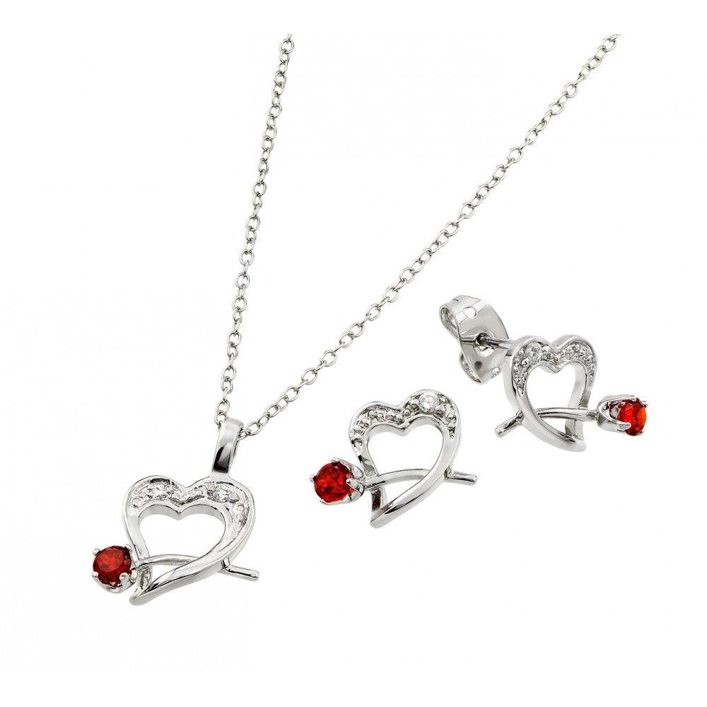 Silver 925 Rhodium Plated Clear Heart Red Rose CZ Stud Earring and Necklace Set - BGS00406