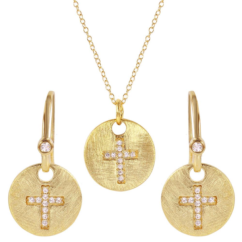 Closeout-Silver 925 Gold Plated Cross Round Tag Set - BGS00408