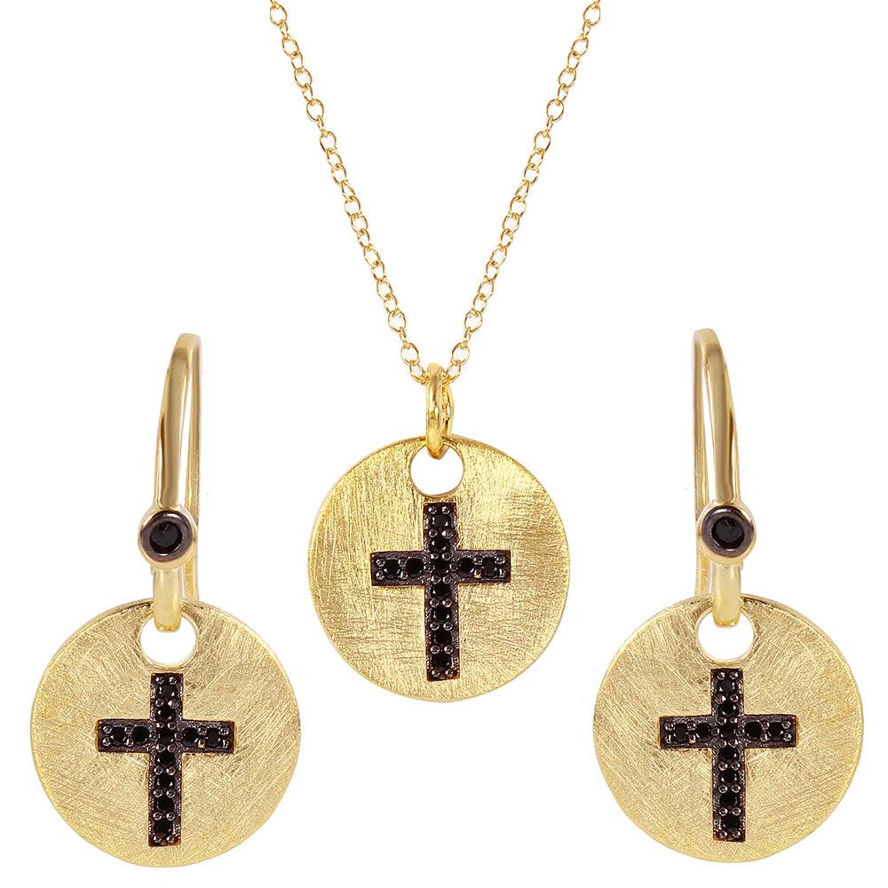 Closeout-Silver 925 Gold Plated Black Cross Round Tag Set - BGS00409