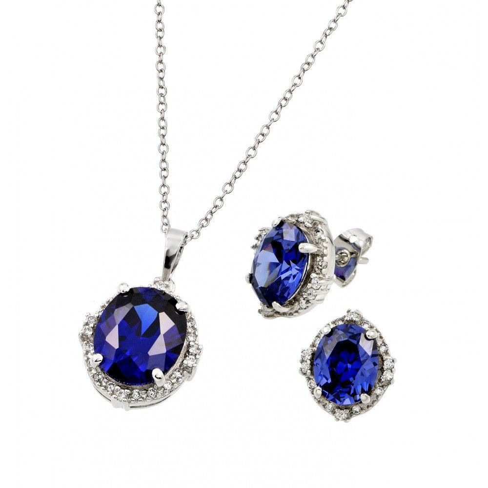 Silver 925 Rhodium Plated Blue Round Clear Cluster CZ Stud Earring and Necklace Set - BGS00413