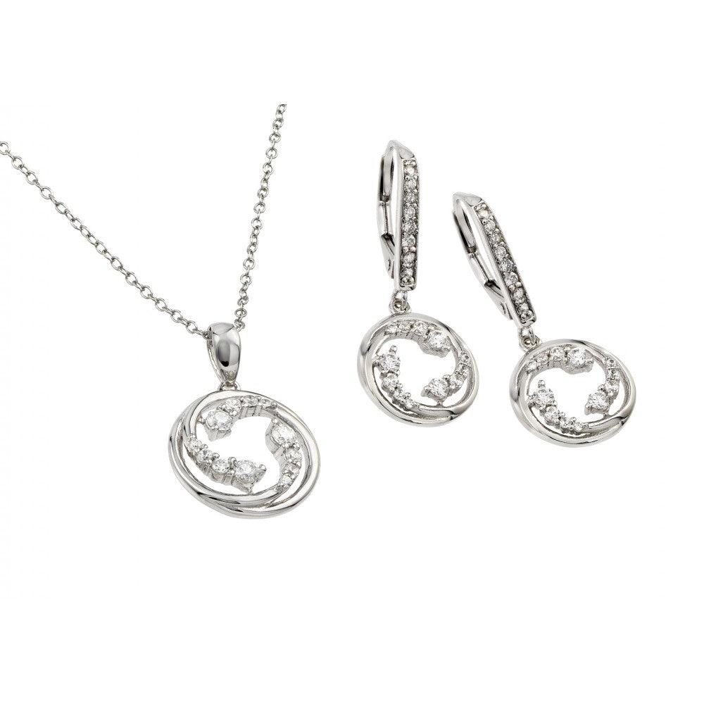 Silver 925 Rhodium Plated Clear Open Circle Swirl CZ Leverback Earring and Necklace Set - BGS00418