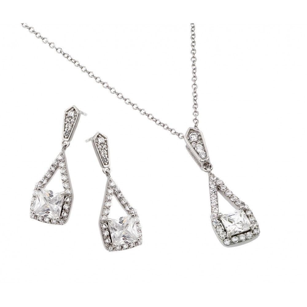 Silver 925 Rhodium Plated Clear Square CZ Hanging Stud Earring and Hanging Necklace Set - BGS00420