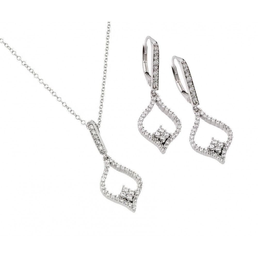 Silver 925 Rhodium Plated Clear Open Marquise CZ Leverback Earring and Hanging Necklace Set - BGS00421