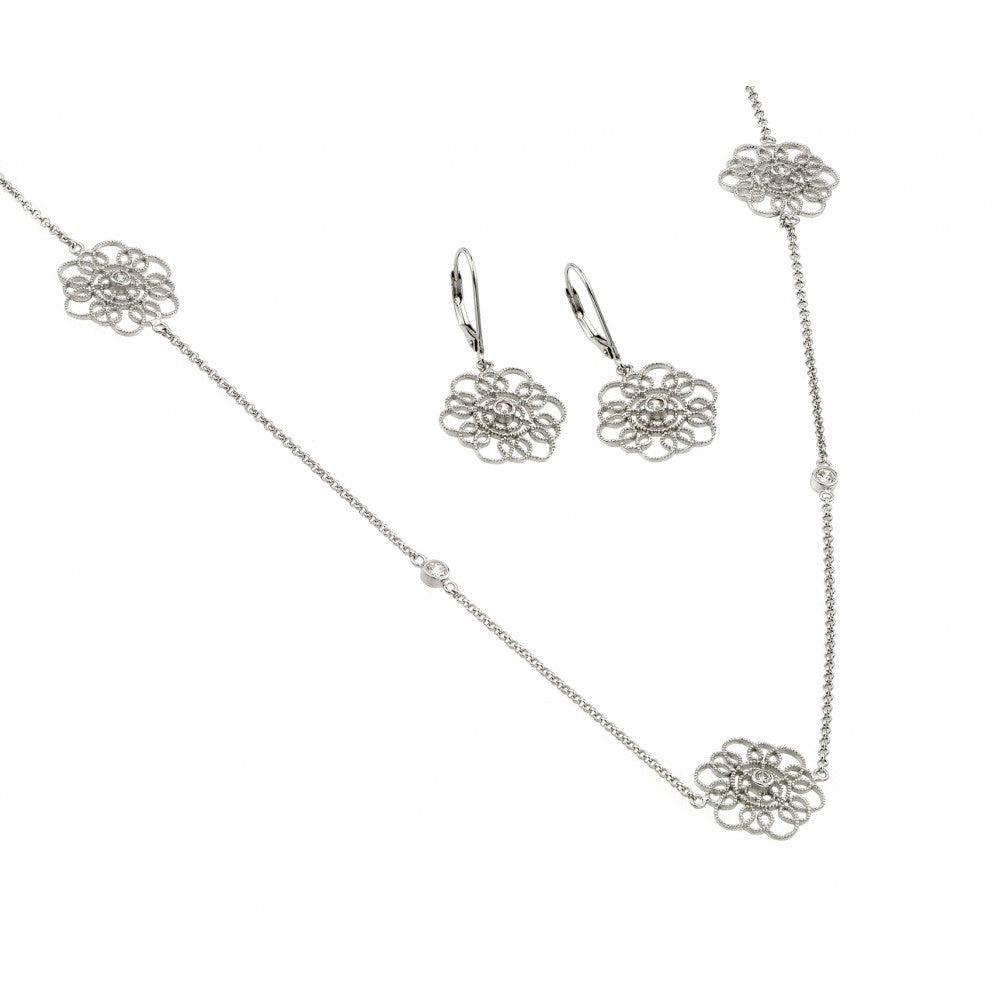 Silver 925 Rhodium Plated Clear Flower Filigree CZ Leverback Earring and Necklace Set - BGS00422
