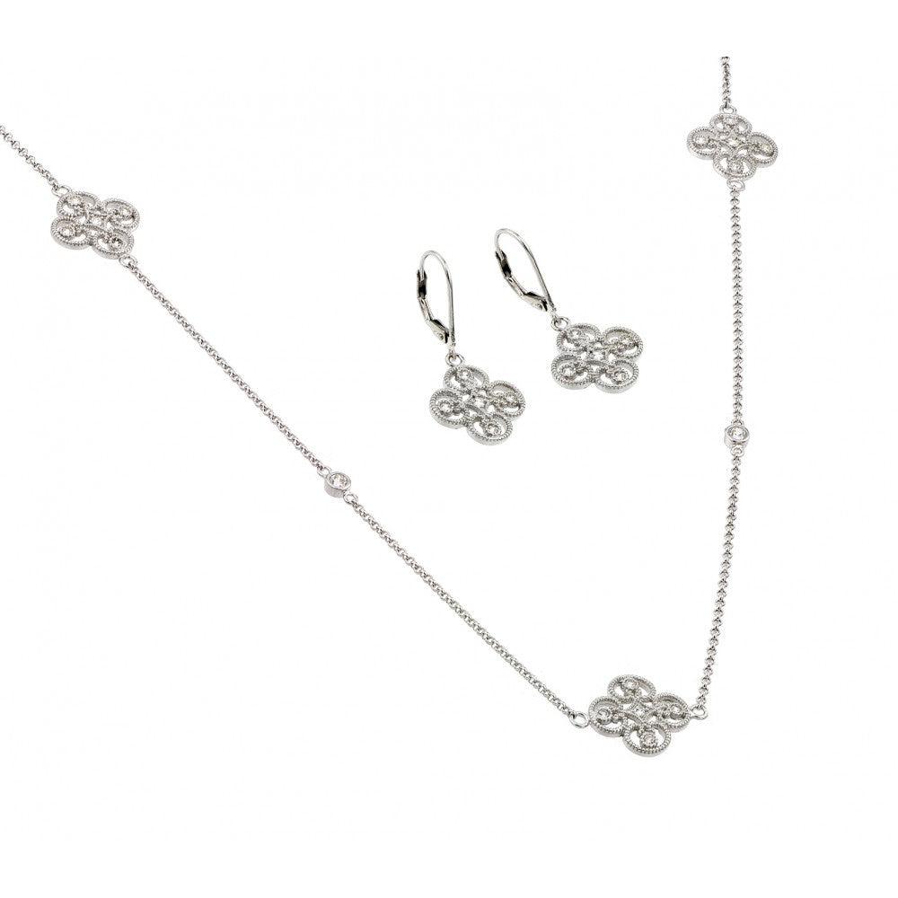 Silver 925 Rhodium Plated Simple Clover CZ Leverback Earring and Necklace Set - BGS00423